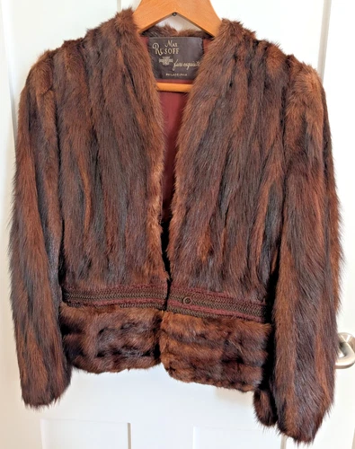 VINTAGE MAX RUSOFF Genuine Mink Fur Jacket Coat Mahogany Brown Cropped Small - product listing photo