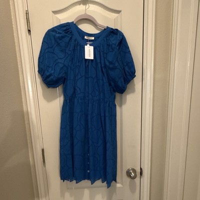 Lovestitch Blue Eyelet Puff Sleeve Lined Shift Dress Knee Length Size S