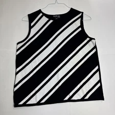 Style & Co Women Sz Petite L Sleeveless Sweater Top Diagonal Stripes Black White