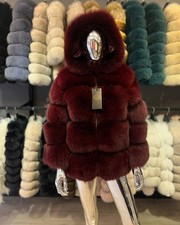 Women's Genuine Fox Fur Jacket Deep Burgundy Cherry Cropped Designer Winter Glam