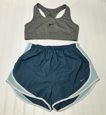 Nike Women  s Dri-Fit Blue Athletic Shorts  Gray Sports Bra Set, Size Medium