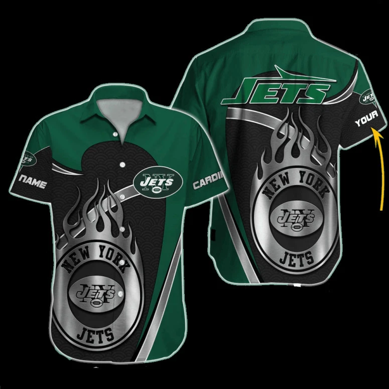 Personalized New York Jett Flame Gridiron Hawaiian Shirt , Gift for Fan