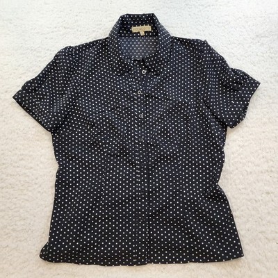 Notations Button Up Short Sleeve Collar Top L Puff Sleeves Blk White Polka Dots