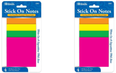 [2 PACK] BAZIC Sticky Notes 3x3 Neon Assorted Colors, (160 Sheets/Pack) Post It!