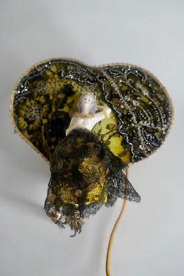 Antique German Half Doll Bed LAMP  Covered In Antique Gold Metallic & Black Bead