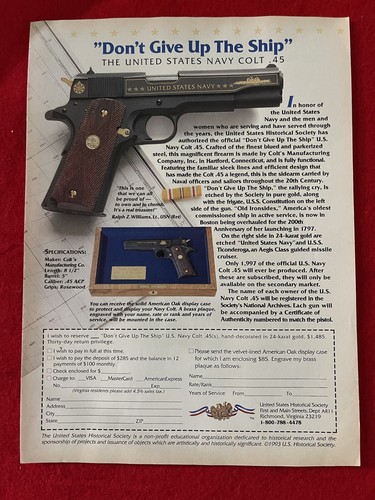 Publicité vintage 1993 U.S. Navy Colt .45 Commémorative Print - Société historique