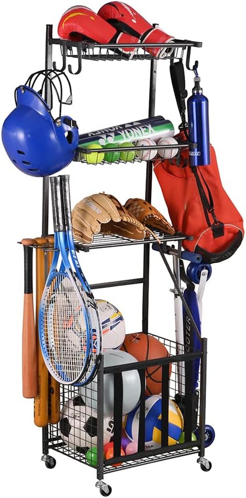 Garage Sports Equipment Storage Organizer Sports Ball Storage Rolling Cart with