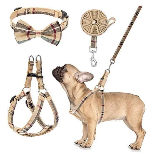 Dog Harness with Leash and Bow Tie Collaret - Plaid Puppy Harness, S Beige