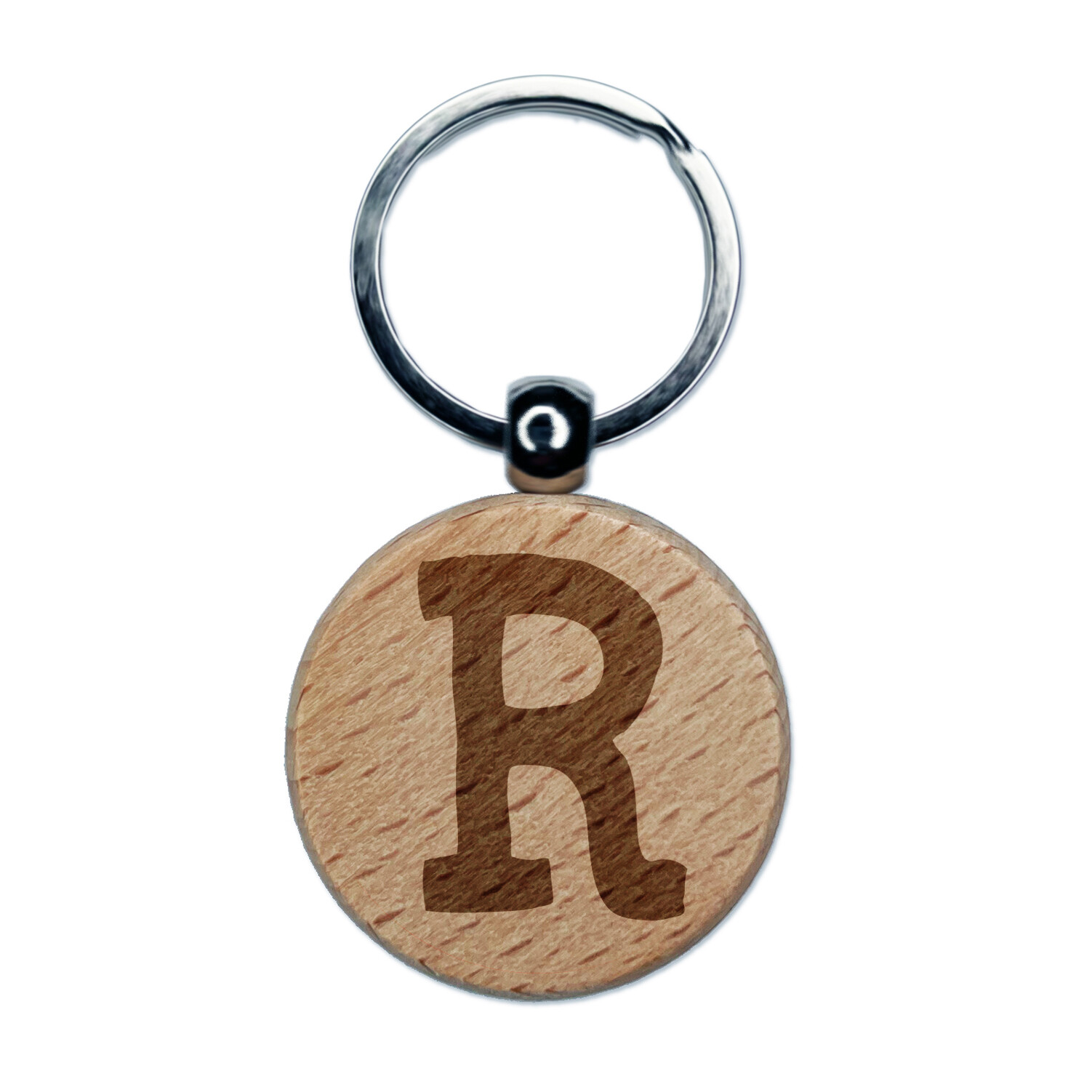 Letter R Uppercase Cute Typewriter Font Engraved Wood Round Keychain Tag Charm