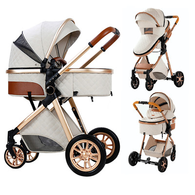 2 in 1 High Landscape Baby Stroller Folding Reversible Seat Newborn Baby White