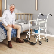 Shower Chair with Wheels, Bedside Commode Wheelchair for Seniors, Gray