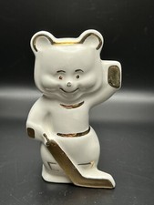 Hockey Playing Bear Figurine Ceramic  Gold Accents 4-1/2” Olympics