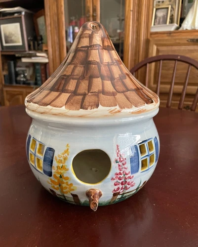 Vintage Gail Pittman Pottery Round Cottage Windows Flowers  Birdhouse 1997