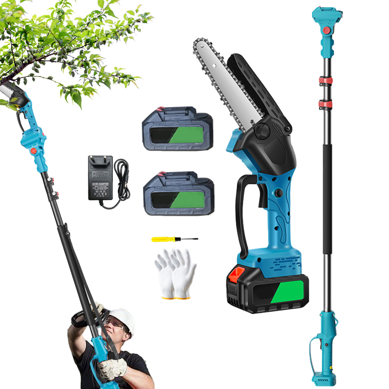 Cordless Pole Saw Mini Chainsaw with 10ft Extension Rod and 2 Batteries for Easy Tree Trimming