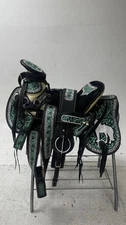 Charro Saddle – Black Suede Leather w/ Emerald Greca Embroidery (15.5”)