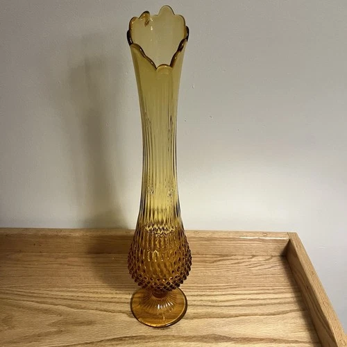 Fenton Pedestal Swung Vase Honey Amber Glass Hobnail Ribbed 20” Vintage
