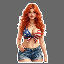 Pinup Girl Sticker Vinyl Decal Redhead Flag Bikini Curvy Thick 8"