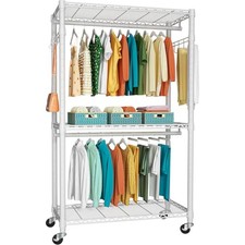 Heavy Duty Garment Rack, 3 Tiers Adjustable Rolling Metal Closet P1 White