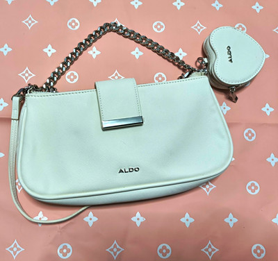 ALDO White Cream Crossbody Shoulder Bag Purse Silver Chain Strap Saffiano