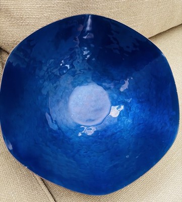 Vintage MCM Leon Statham Enamel on Hammered Copper 11'' Bowl Cobalt Blue Signed