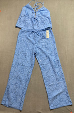 NUEVO Conjunto de 2 piezas de top halter y pantalones de encaje de lentejuelas de encaje azul boho caprichoso