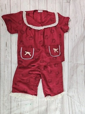 Womens Small Hello Kitty Inspired 2 Piece    Kawaii Sleepwear Set With Ruffles