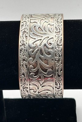 Floral Mixed Metal Scroll Work Cuff Bracelet   Silver Tone & Copper