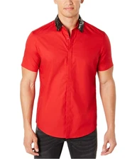 I.N.C Mens Sequin Collar Button Up Shirt, Red, X-Large