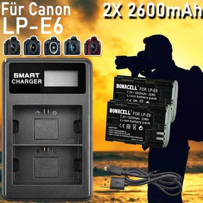 MARKENLOS 2x LP-E6 Akku+ LCD Ladegerät für Canon EOS 70D 60D 7D 6D 5D 80D EOS 5D Mark II