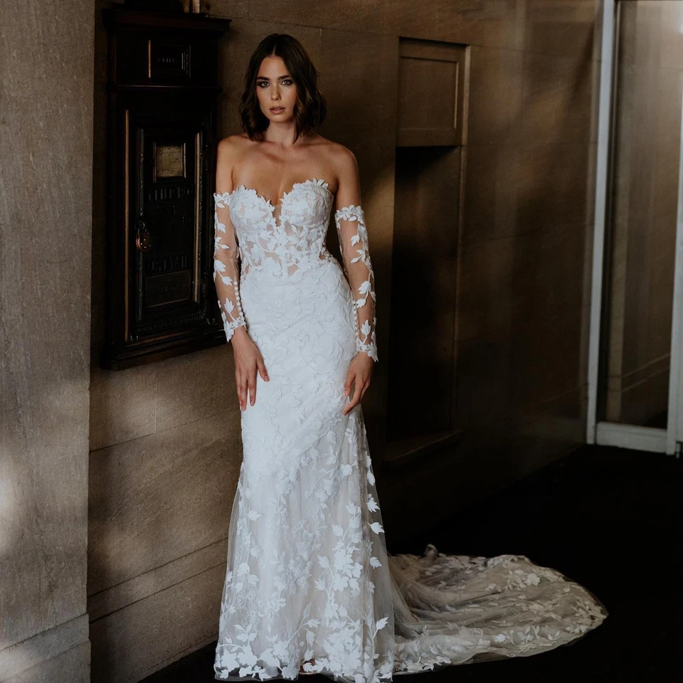 Königes Fit Flare Spitze Brautkleid Hochzeitskleid m.abnehmenbare Ärmel Knöpfe - Bild 3 von 4