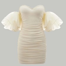 Shein off white/ cream ruching puff sleeved dress zipper in back size 4