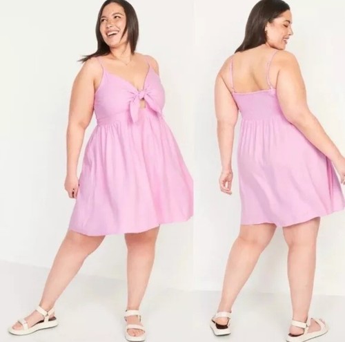 NWT Old Navy Women's Fit & Flare Tie-Front Linen Mini Cami Dress Size 3X Pink