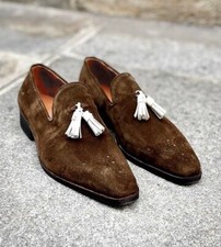 Handmade men brown suede moccasin shoes, brogue dress leather shoes for mens