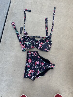 Temp Me ruffled bra top 2 piece high waist brief sz M swimsuit New (130)