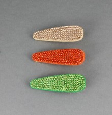 3 green orange tan crystal barrettes alligator hair clip faceted gems sparkly