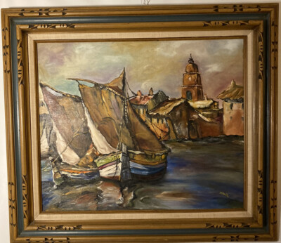 Original Oil on Canvas Panel-Boats & Harbor Scene-Signed-Finely Framed 31  x 28''