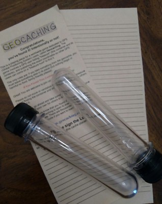 Geocache Containers tubes preform w/ write in rain logs standard soda bottle cap