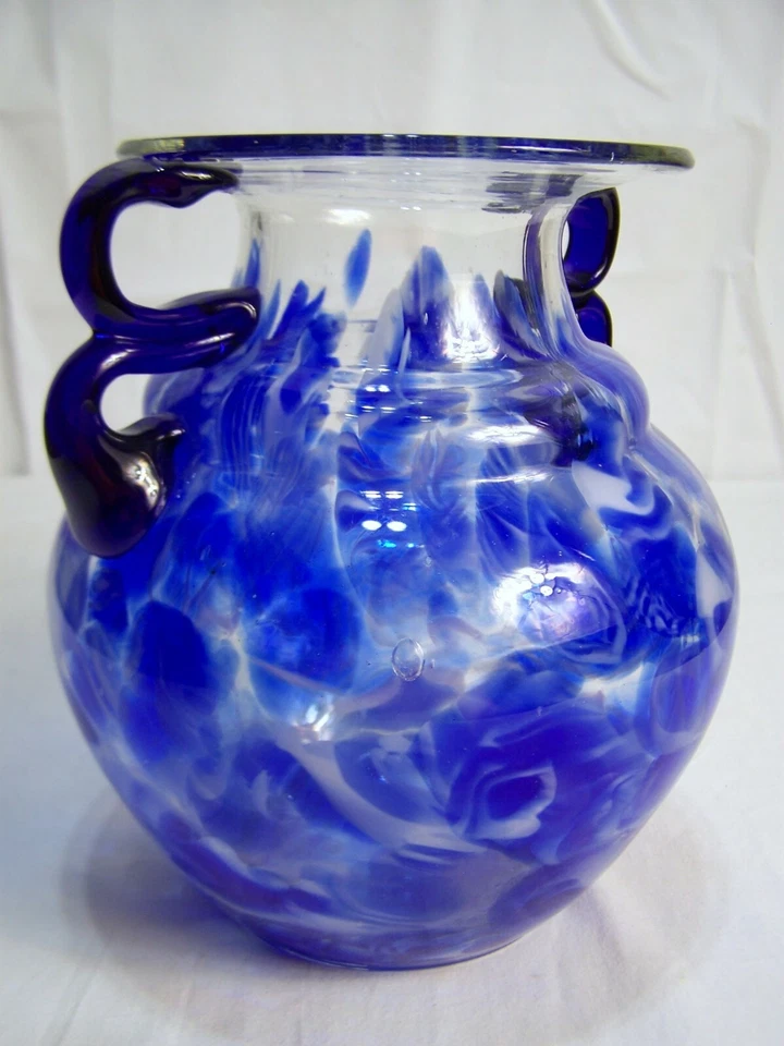 Florero grande de vidrio soplado de alta calidad de 9" de alto azul y transparente 2 asas Foto 4 de 4