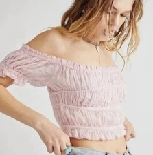 Free people FP One Cheri Top M Smocked Cropped Petal Pink Off The Shoulder Boho