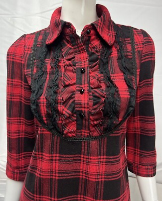 Ray Cassin Women's S Red Black Buffalo Plaid Lace Ruffle 3/4 Sleeve Mini  Dress | eBay