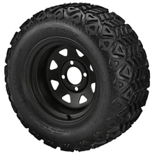 (4) Golf Cart 22x11-12 Black Trail A/T Tires on 12x7 8-Spoke Black Steel Wheels