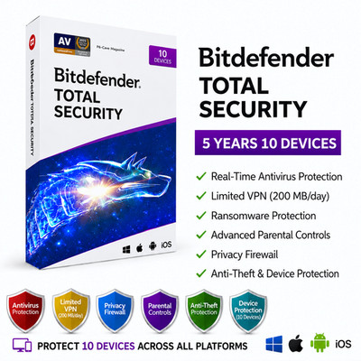 Bitdefender Total Security 2026 - 5 Years 10 Devices + Daily VPN