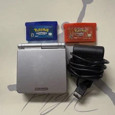 Nintendo Game Boy Advance SP Silver w/ Charger + Pokemon Red & Pokemon Sapphire