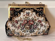 Vintage Tapestry Floral Bag Purse w Metal Engraved Frame  Gold Chain Strap