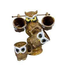 Vintage Sleepy Owl Mug Set Caddy 4 Coffee Tea Cups Tree Handmade Ceramic 70s