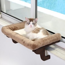 Cat Perch for Window Sill with Bolster - Dark Stained Wood w/ Gray Bed