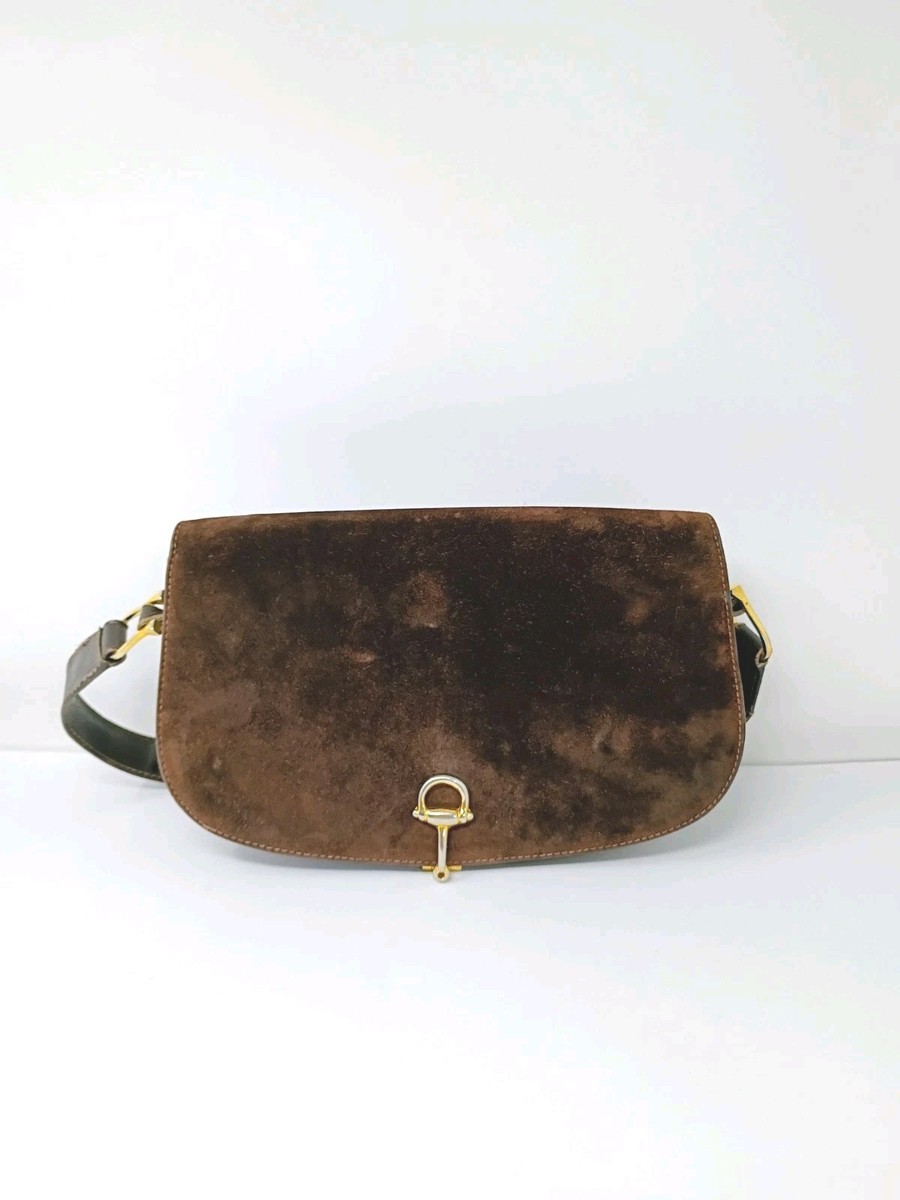 Vintage Gucci Horsebit Half Moon Flap Shoulder Bag Brown Suede