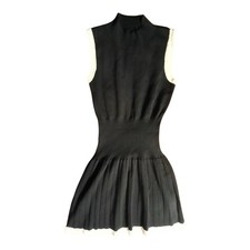 Black Mock Neck Pleated Knit A-Line Dress Sleeveless Short Solid Size M