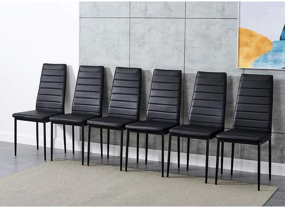 Modern 6-Seater Black Glass Dining Table Set with PU Leather Chairs - Image 2 of 4