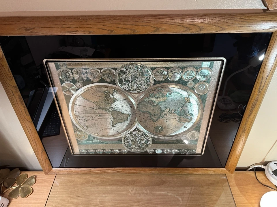 Vintage Framed Double Hemisphere World Map Wall Art – Latin Text – 31”x25” - Image 3 of 4